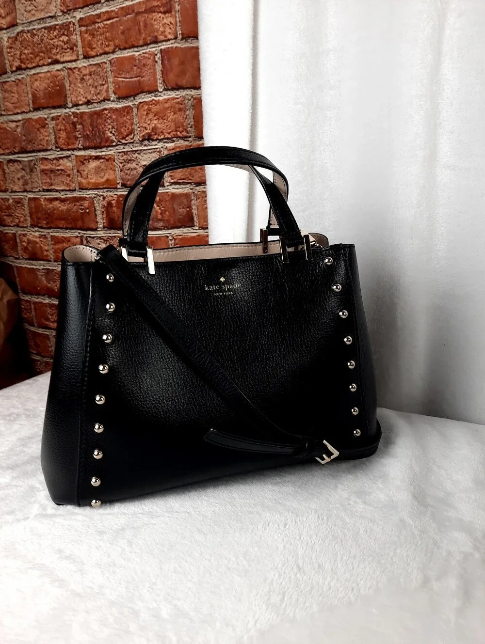 kate spade Black Leather Studded Satchel with Gold Hardware